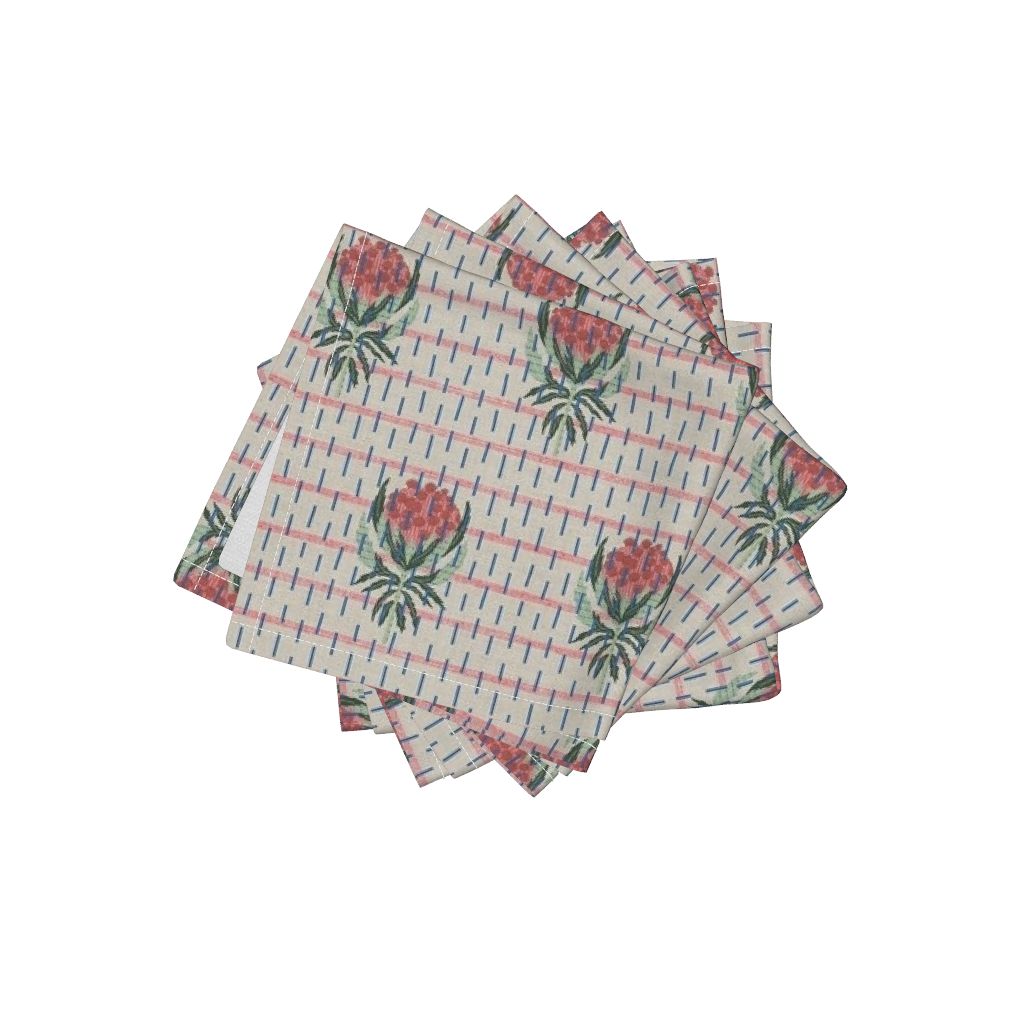 Cocktail Napkins Texture Vintage French Protea Floral Flower Stripe Set