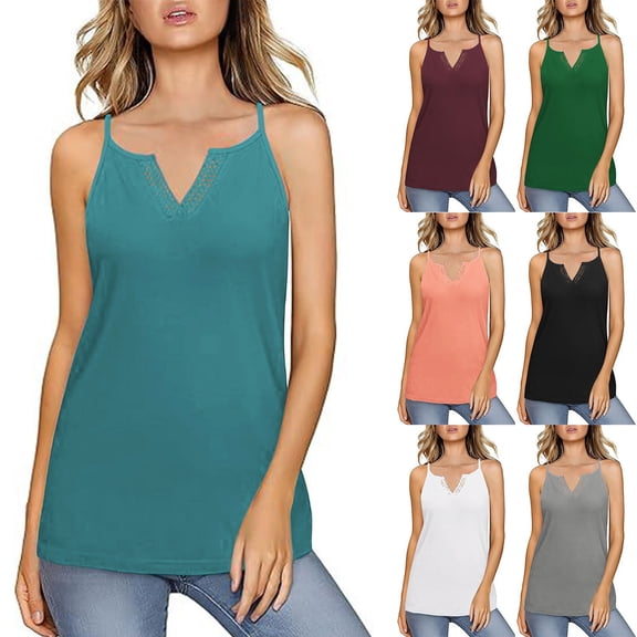 Lace Trim V-Neck Cami Tops for Women Spaghetti Straps Tunic Tank Tops Solid Color Sleeveless Going Out Top Black Top,Size S-2XL