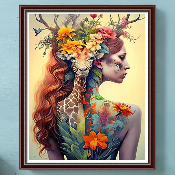 Cuadros Decorativos Kit de pintura por números DIY jirafa niña arte al óleo imagen artesanía decoración de pared (H1776) Wdftyju embutido en tela