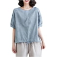 thumbnail image 1 of Timegard Womens Short Sleeve Tops Cotton Linen Round Neck Bottom Drawstring Back Button Casual Loose Tops, 1 of 7
