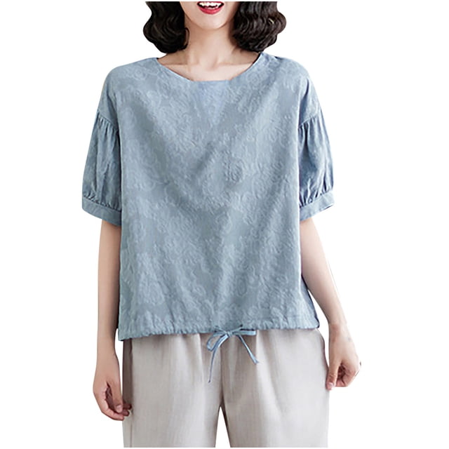 Timegard Womens Short Sleeve Tops Cotton Linen Round Neck Bottom Drawstring Back Button Casual Loose Tops