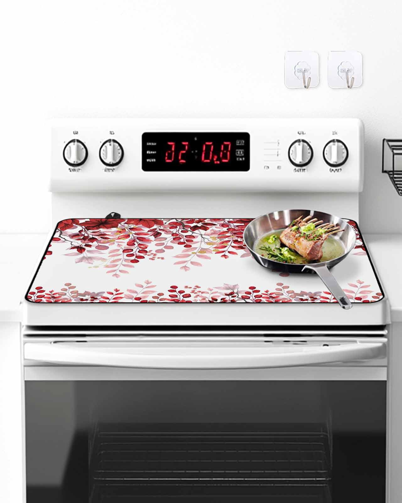 Stove Top Covers for Electric Stove, Red Eucalyptus Leaves Glass Stovetop Cover Protector, Summer Botanical Weeping Induction Cooktop Protector Oven Mat for Kitchen Countertop 28.5"x20.5"