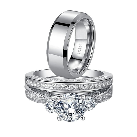 MABELLA Women 925 Sterling Silver CZ Wedding Rings Set,Mens Stainless Steel Matching Band