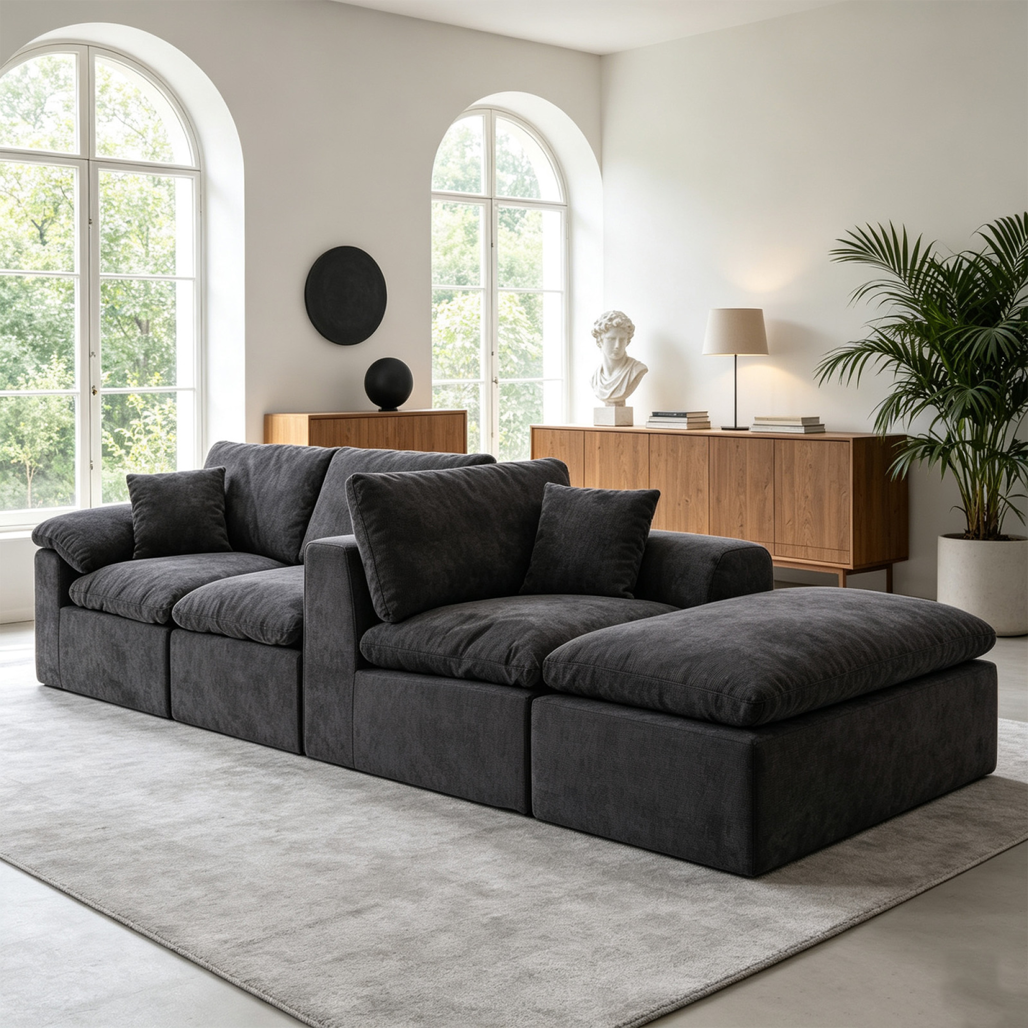 HOQBN Modular Sectional Sofa, L Shape Cloud Couch with 1 Movable Ottoman, Comfy Chenille Deep Seat Sofa with Soft Pillows for Living Room Apartment Black