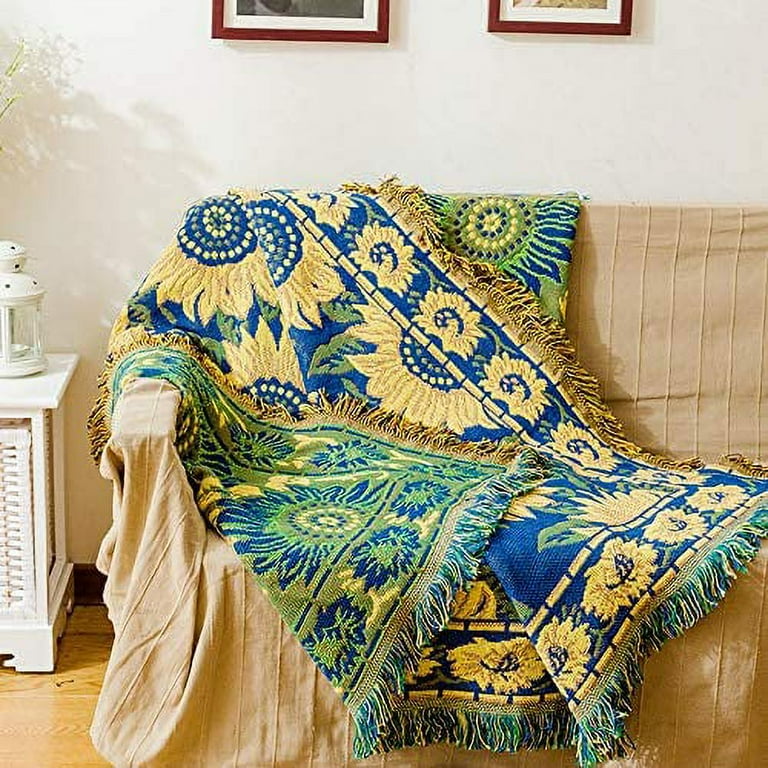 Sunflower Colorful Boho Throw Blanket for Couch Cotton Linen Jacquard Reversible Double Sided Woven Aztec Bed Couch Throws Soft Oversized Chair Sofa