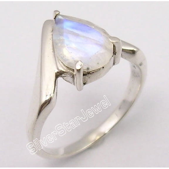 925 Solid Silver Exclusive Drop Rainbow Moonstone Unusual Ring Size 5 Bijoux