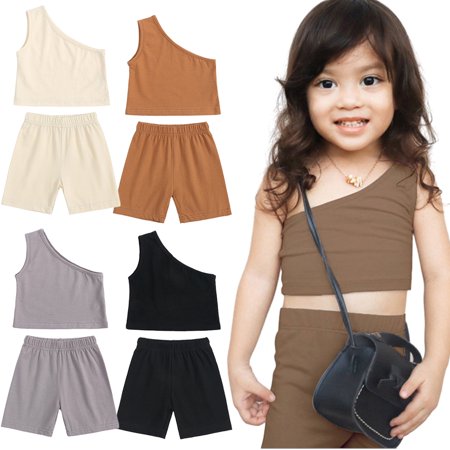 

LYMAYTER Toddler Baby Girl One Shoulder Sleeveless Tops+shorts Pants Summer Solid T-Shirt Shorts Tops Outfit Set for 9M-4T