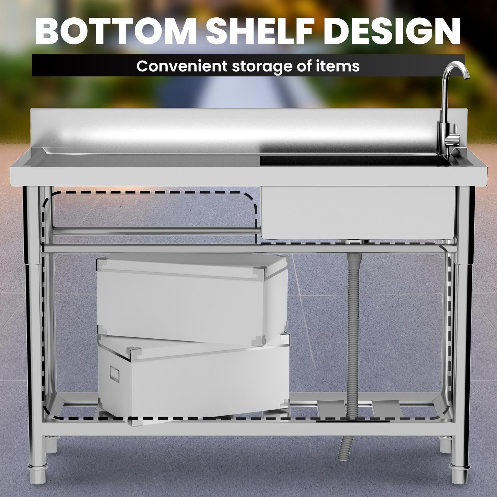 47In Stainless Steel Utility Sink,Free Standing Utility Sink With Faucet And Drawer Storage,1.2mm Thick 201 Stainless Steel,Stainless Steel Commercial Sink For Indoor Or Outdoor Use