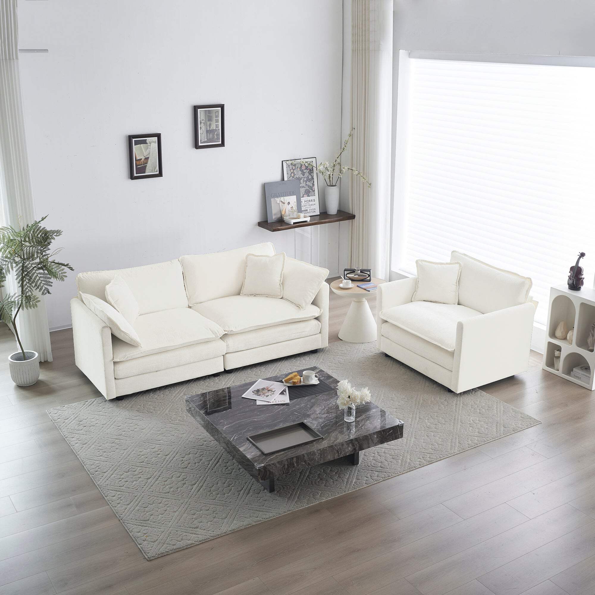 2 Seater Loveseat And Chair Set, 2 Piece Sofa  Chair Set, Loveseat And Accent Chair2 Piece Upholstered Chenille Sofa Living Room Couch Furniture 1 2 Seat ,White Chenille White Chenille 3 Seat