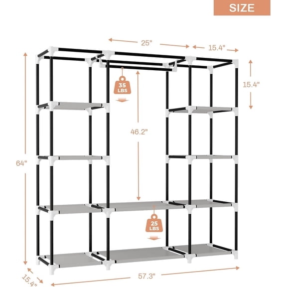 Portable Closet Wardrobe with Cover, Large Capacity Clothes , 10 Shelves, 6 Pockets,  Standing for Bedroom