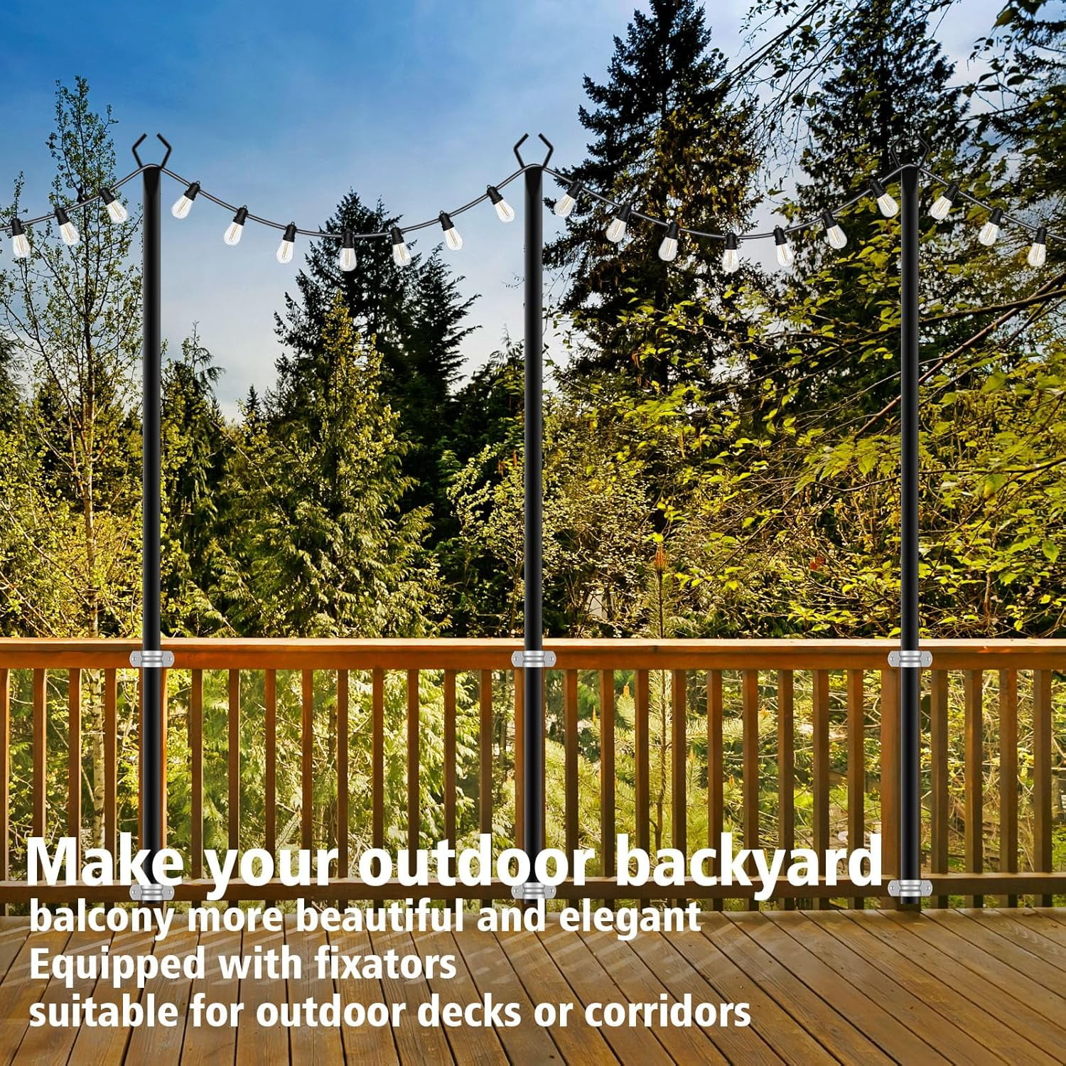 WIXOLBOR 10Ft String Light Poles 4 Pack,Light Poles for Outside Lights,Outdoor with Fence Brackets Hanging Lights,Metal Stand Deck Patio Backyard