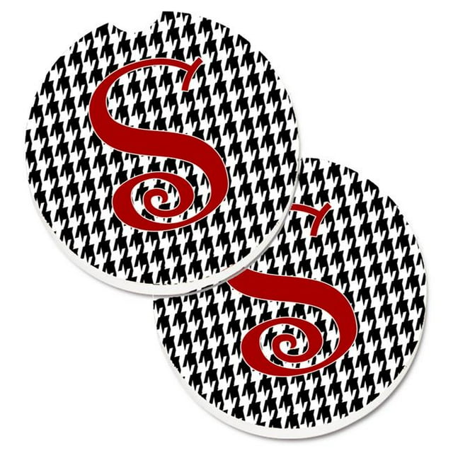 Monogram Initial S Houndstooth Black Set of 2 Cup Holder Car Coaster