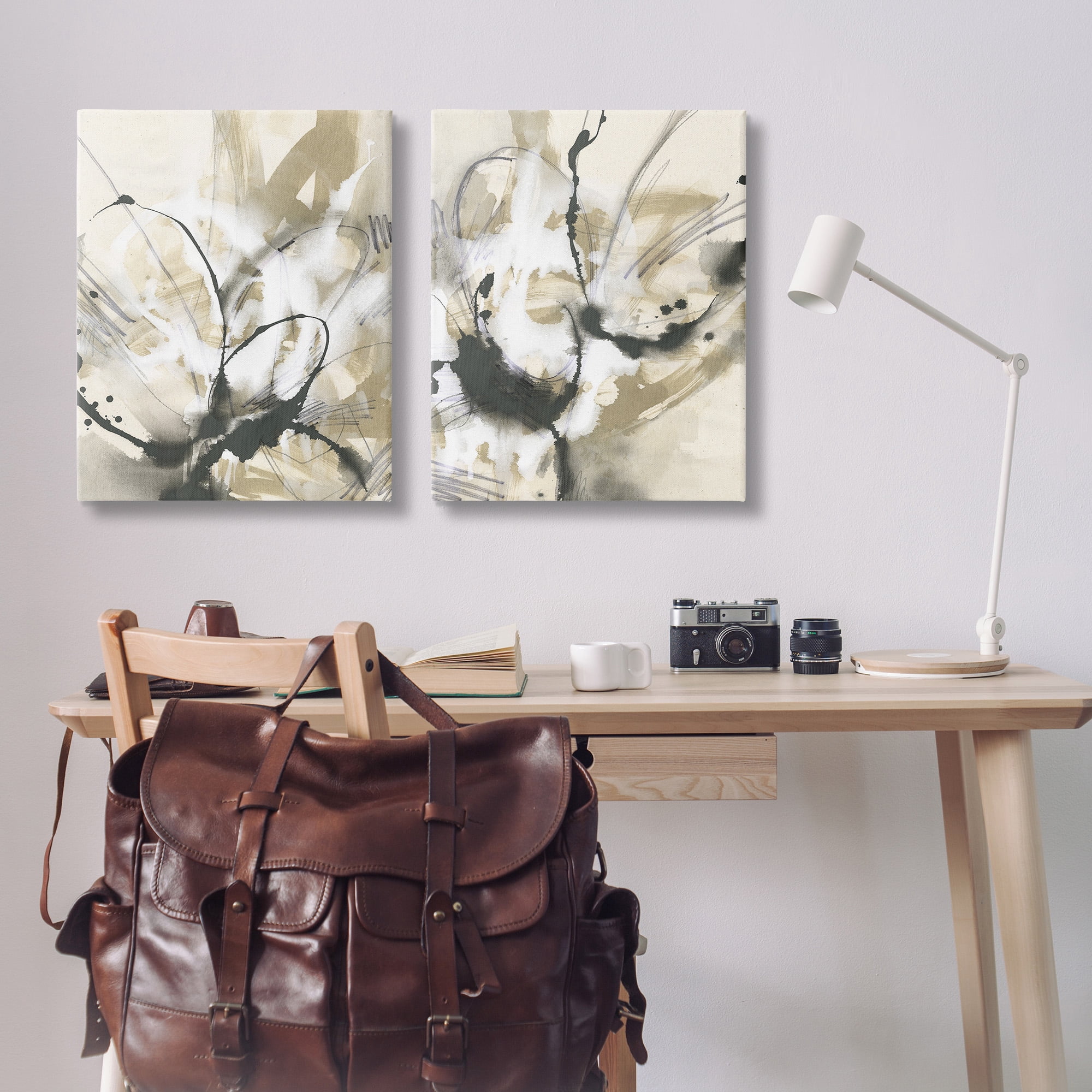 Stupell Industries Beige & Black Splatter Abstract Painting Gallery Wrapped Canvas Art Print Wall Art, 24 x 30, Set of 2