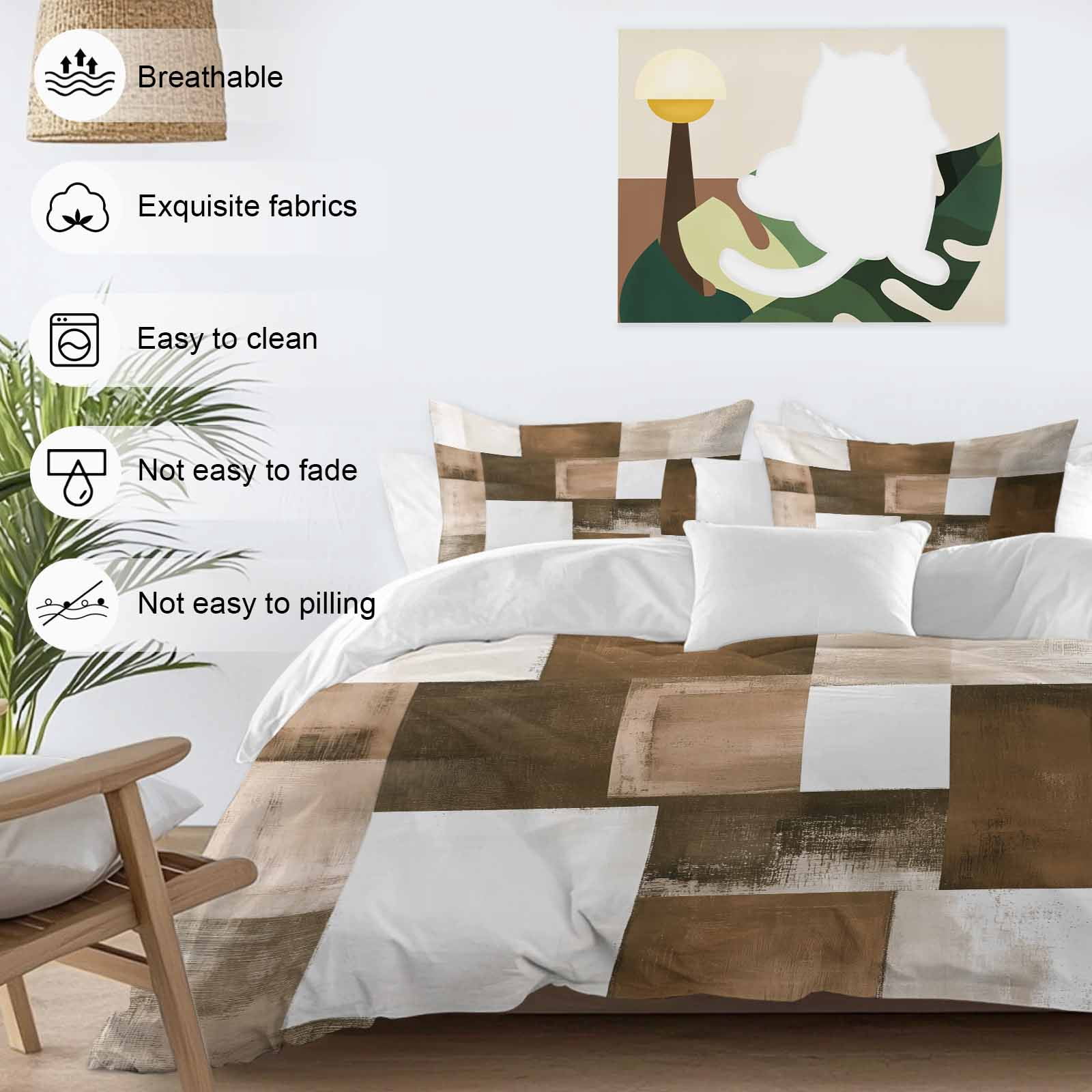 Brown Abstract Duvet Cover Set Full Size Modern Rustic Geometric Color Block Plaid Soft Lightweight Comforter Covers 4 Piece Bedding Set with 1 Duvet Cover 1 Bed Sheet & 2 Pillow Shams