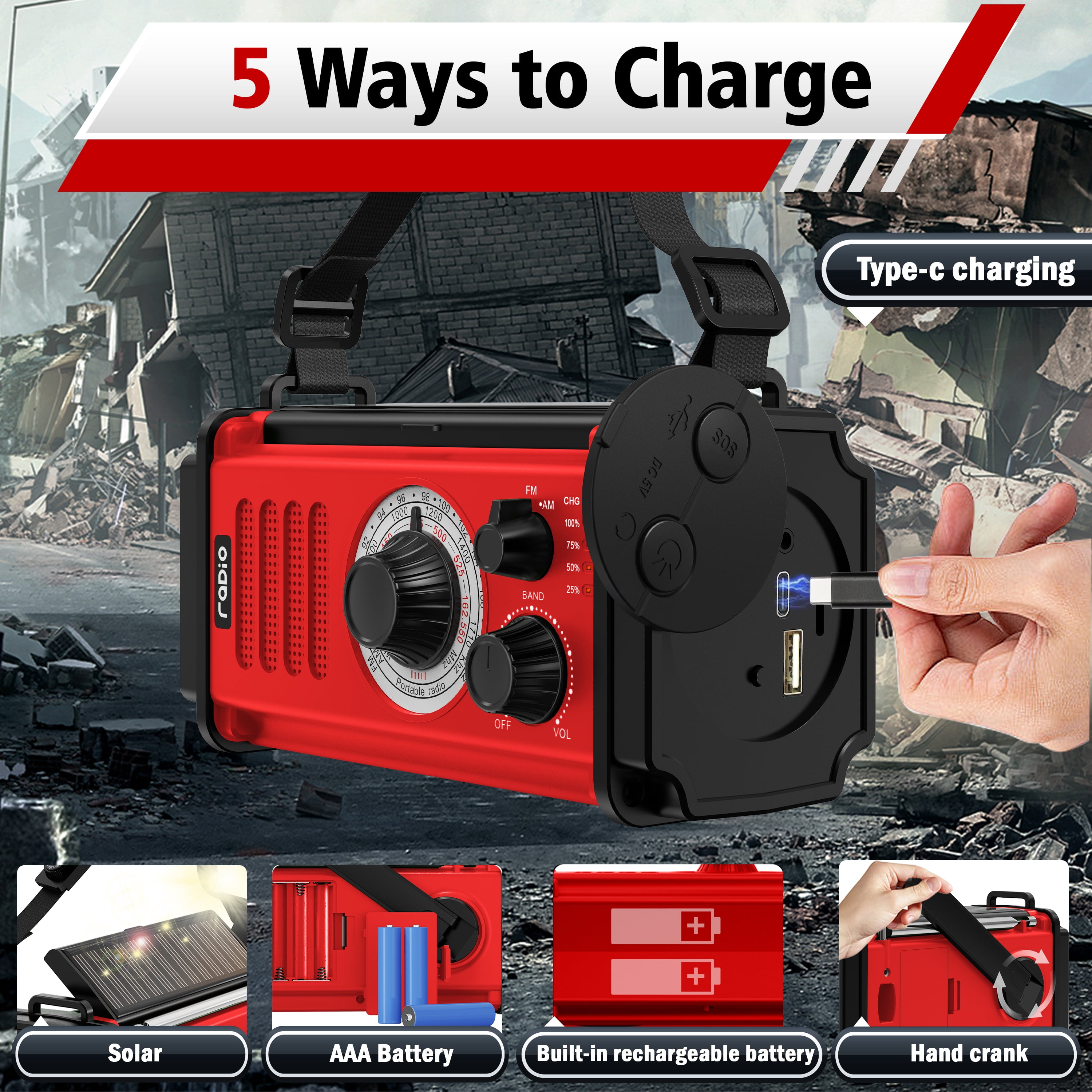 37000mWh Emergency Radio, Hand Crank Solar Radio, NOAA Weather Radio with Rechargeable Battery Powered, Portable AM FM with SOS Alarm, USB Charger,  Flashlight and Reading Lamp for Outdoor Hurricane