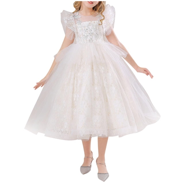 Birthday Party Dress for Girls with Flying Sleeves, Solid Color Design, Exquisite Embroidery, Beaded Mesh Skirt, Princess Style, Long Sleeve