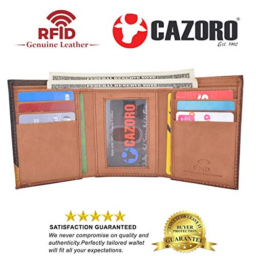 Cazoro Men's Wallet RFID Genuine Leather Slim Trifold with ID Window and Card Slots Light Brown