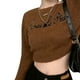 thumbnail image 2 of Suéter de manga larga para mujer, Top tejido con cuello redondo para otoño e invierno, Bordado de letras de estilo corto, tamaño libre de caramelo, 2 of 5