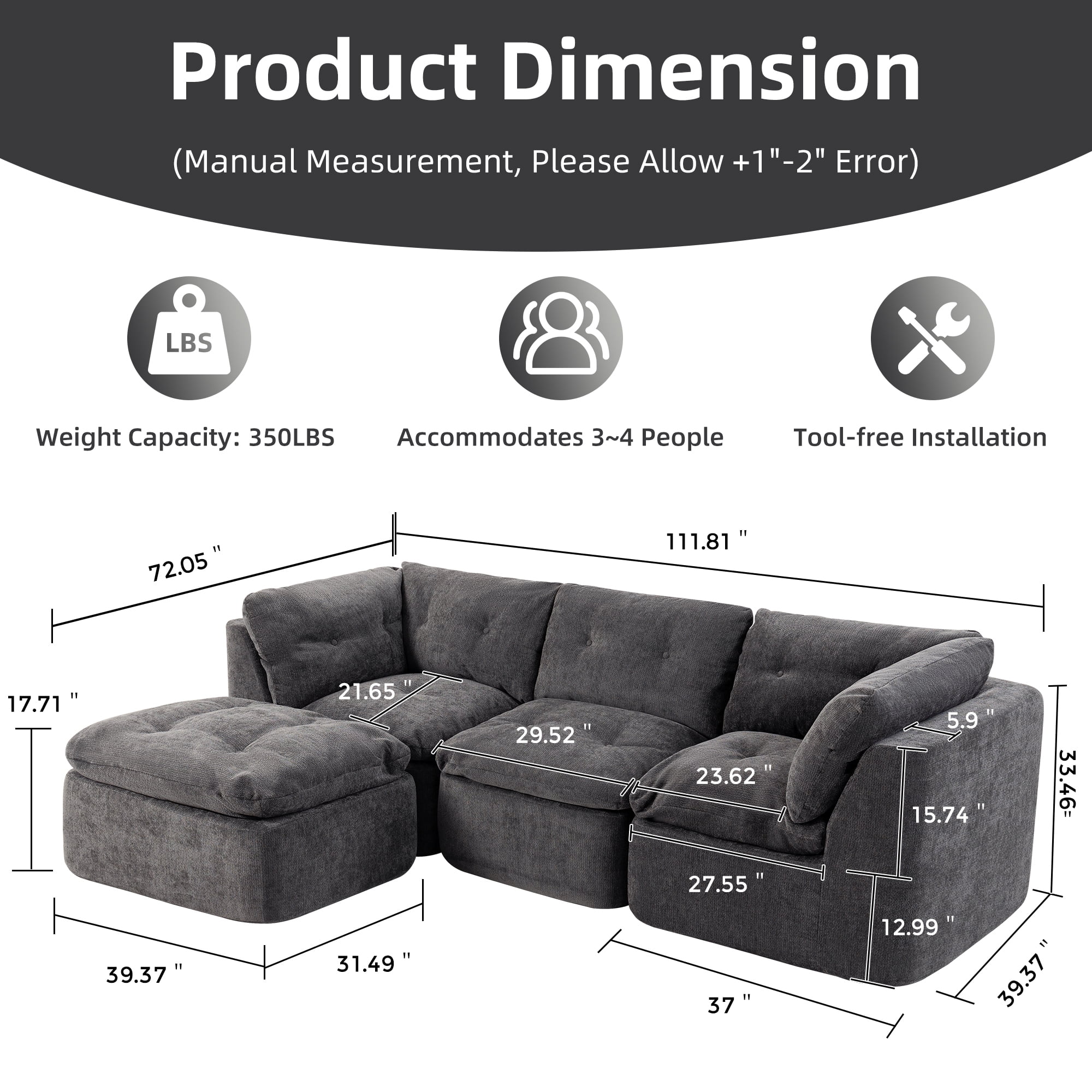 AISWORD Modular Sectional Sofa, Deep Seat Cloud Couch with Ottoman, 4-Seater Convertible L-Shaped Chenille Fabric Couch, Oversized Comfortable Frame-Free Set for Living Room, No Assembly, Grey