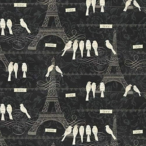 David Textiles Paris Eiffel Tower Love Birds black white 100% Cotton Fabric sold by the yard