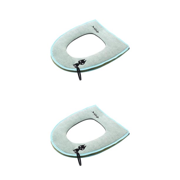 Matsuzay Cubierta de inodoro de terciopelo de cuero cálido de gato de dibujos animados, almohadilla de tapa de asiento, alfombrilla de invierno Verde 2piezas