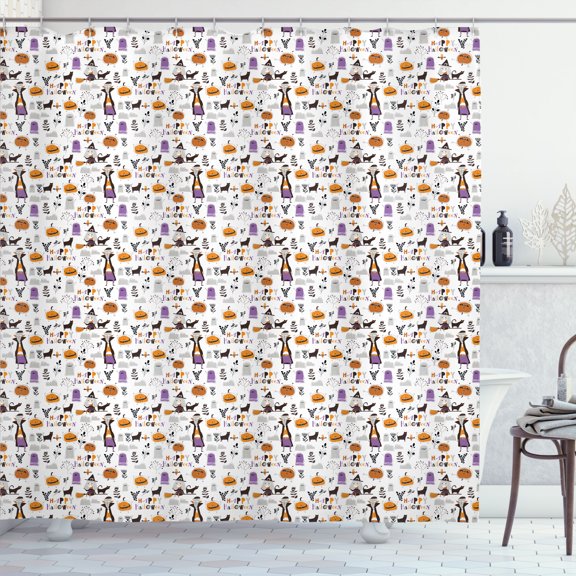 Ambesonne Halloween Shower Curtain, Vampire Pumpkin Flower, 69"Wx70"L, Marigold Violet and Grey