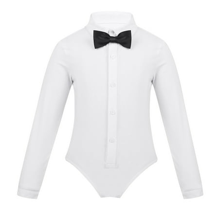 Alvivi Kids Boys Latin Dance Leotard Shirt Ballroom Salsa Tango Performing Costume with Bow Tie White 8