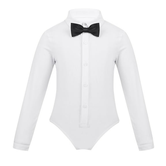 MSemis Kids Boys Long Sleeves Tuxedo Bodysuit Latin Modern Dance Shirt with Bowtie Set