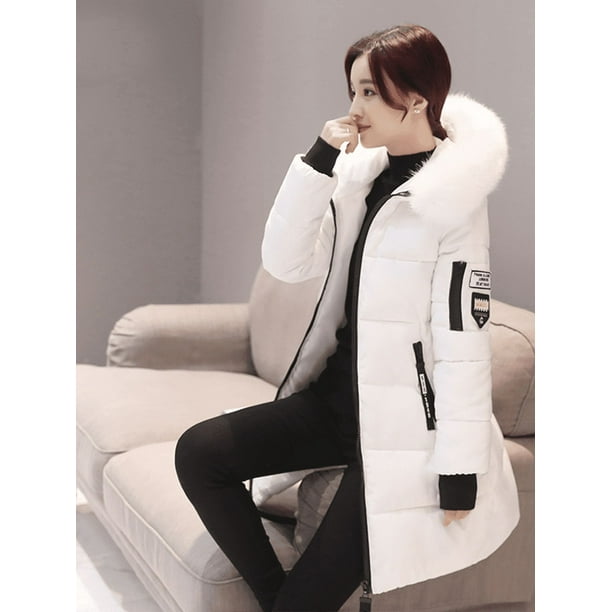 Parka con capucha y cuello de piel para mujer, abrigo largo con diseño de bolsillos y cremallera con parche de letras a la moda, abrigos gruesos y cálidos elegantes para mujer