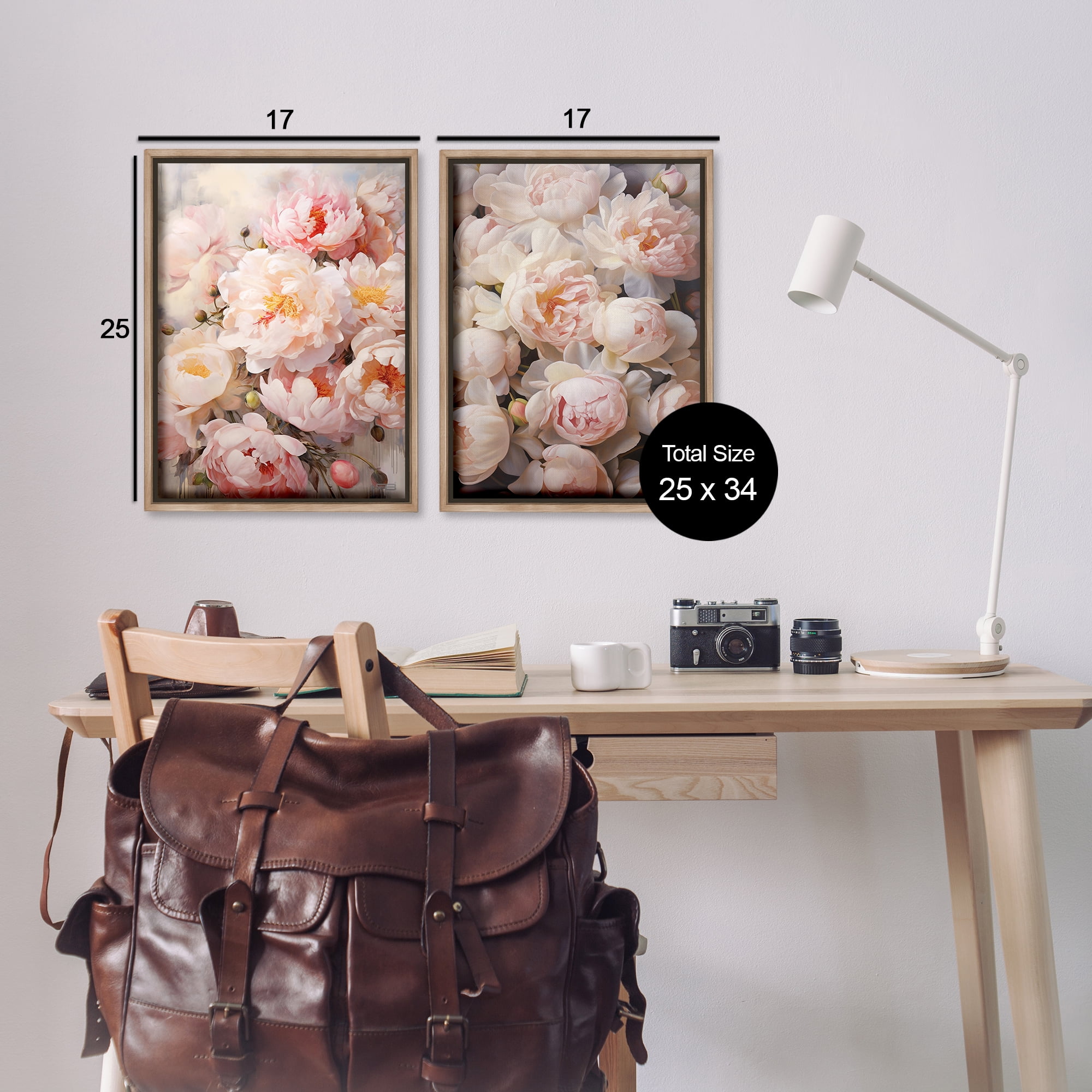 Stupell Industries Soft Pink Cabbage Roses Plants & Flowers Painting Brown Floater Framed Canvas Art Print Wall Art, 17 x 25, Set of 2