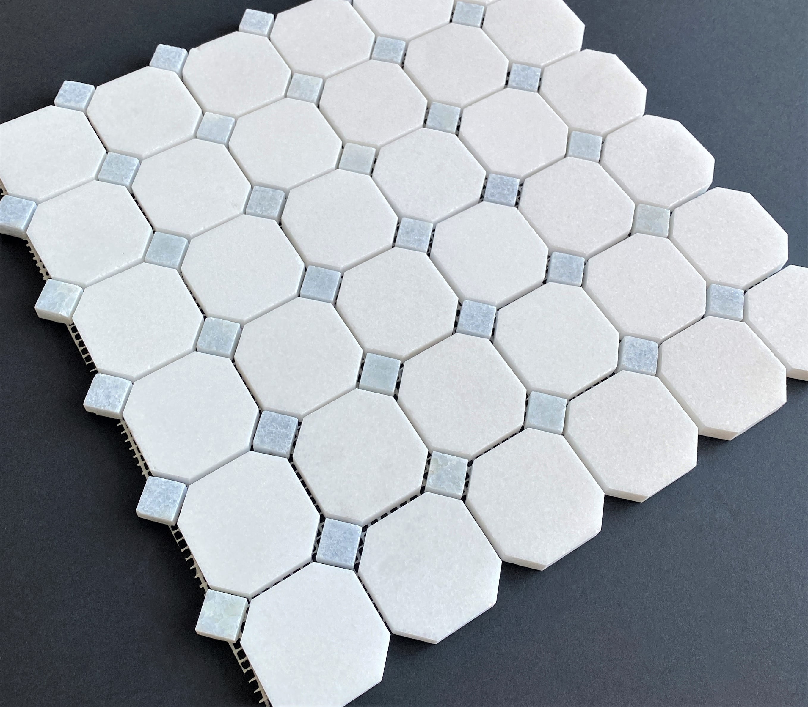 10-Pieces of Thassos White Octagon and Blue Celeste Dot Marble Mosaic Tile