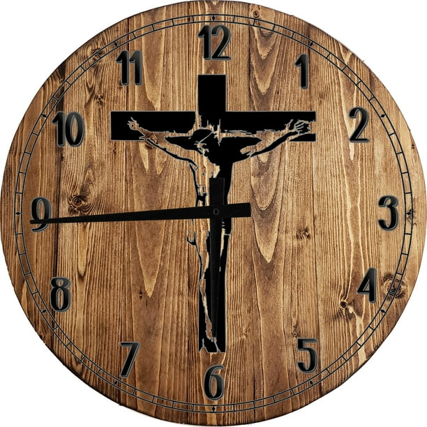Wood Wall Clock 18 Inch Round Religious Wall Art Jesus Clock On The Cross Round Small Battery