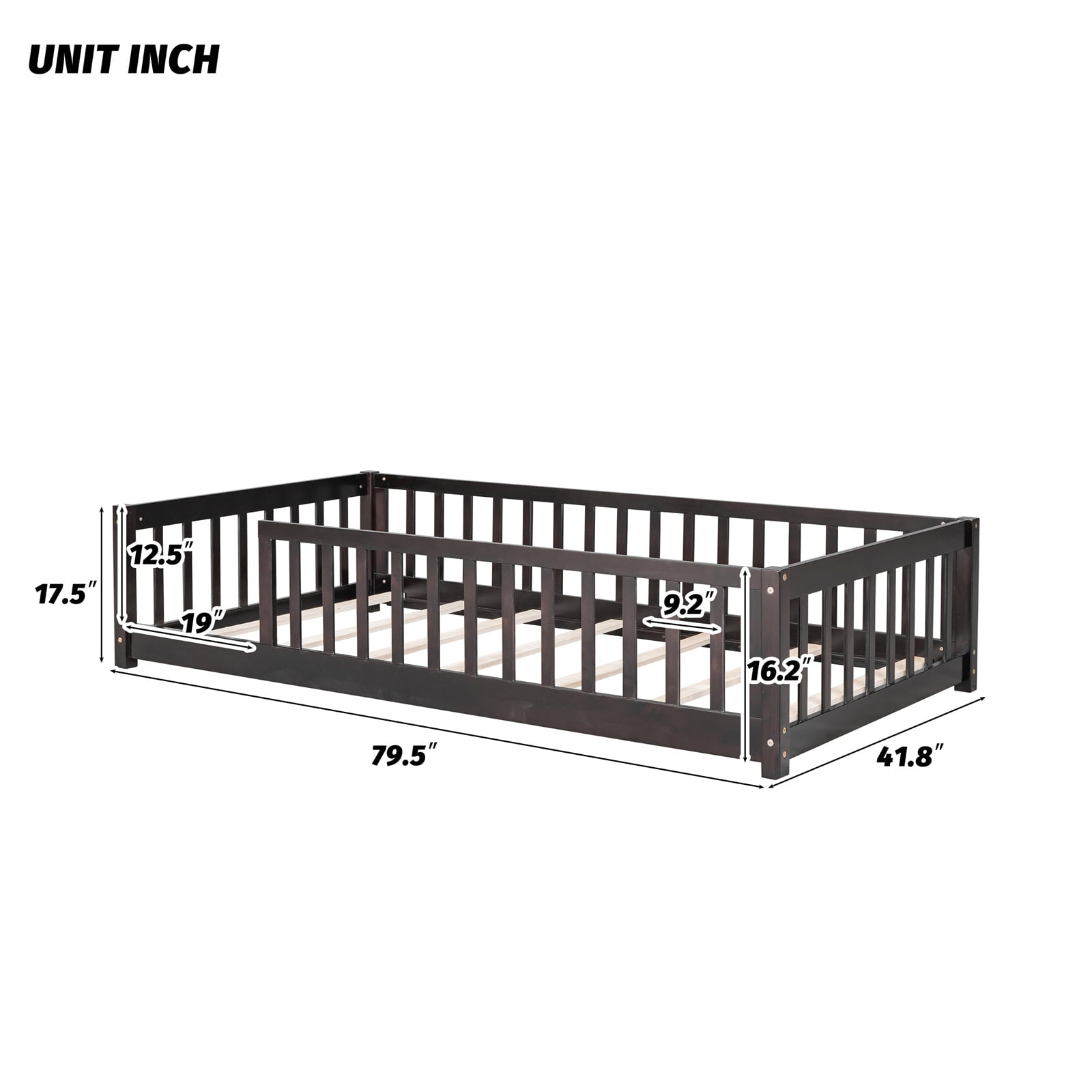 Twin Floor Bed with Fence for Kids, Solid Pine Wood Montessori Bed Frame with Guardrails and Slats System, Playhouse Design Platform Bed for Children Bedroom, Without Door, Espresso
