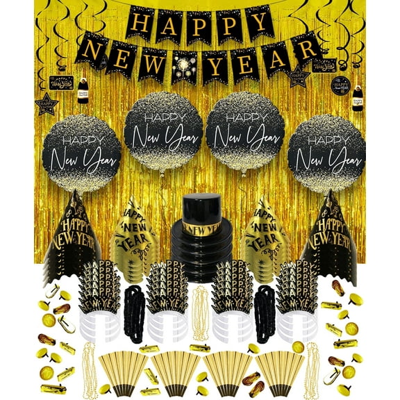 PMU New Year's Eve Party Supplies 2026 Black and Gold Party Kit Assortment for 25 persons - New Year's Eve Decorations Supplies, Outfits for Adults, Men and Women (25/psn)