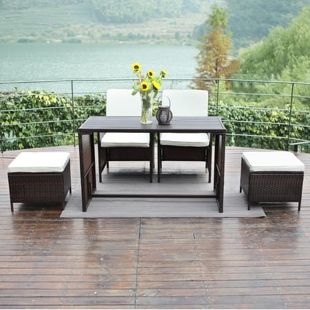 Rattan Bar Furniture - 5 PCS Outdoor Patio Furniture Wisteria Lane Porch Sectional Sofa Wicker Bar Stool Dining Rattan Set