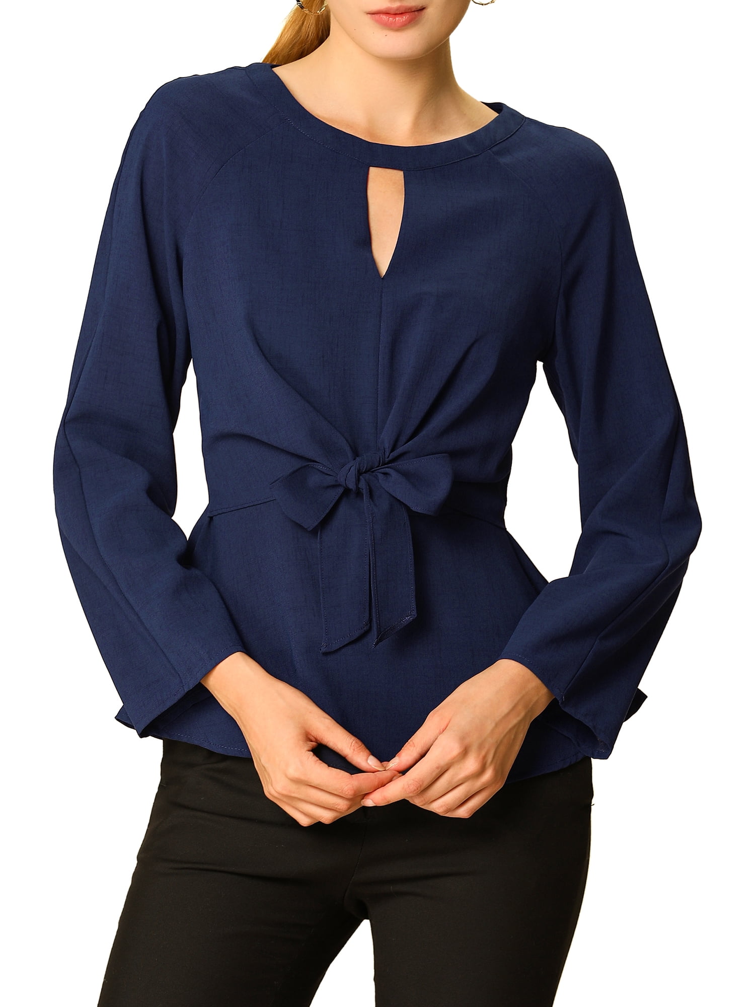 Women's Tie Waist Basic Keyhole Round Neck Bracelet Sleeve Top