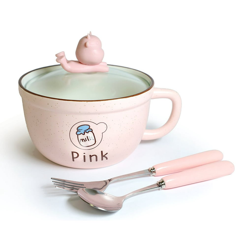 Microwavable Ceramic Noodle Bowl with Handle and Glass Lid Cute Cartoon