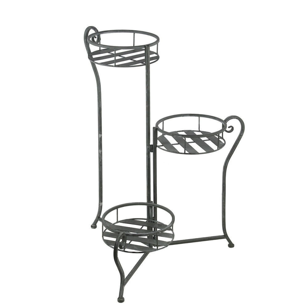 Adjustable 3 Tier Metal Plant Stand with Round Slatted Top, Black