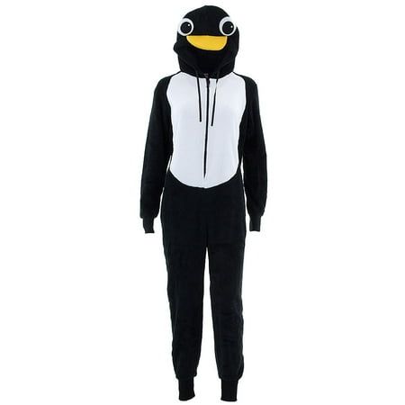 Totally Pink Women's Black Penguin Hooded One-Piece Pajamas