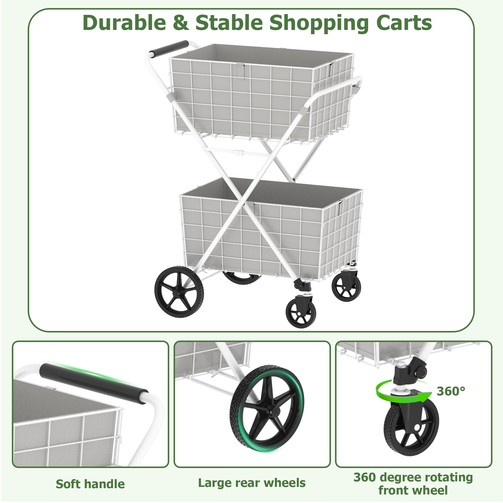 Yoneston 2-Tier Rolling Shopping Cart with 2 × 60L Baskets, 220 LBS Load Capacity Foldable Utility Cart for Groceries, Laundry, Kitchen, White