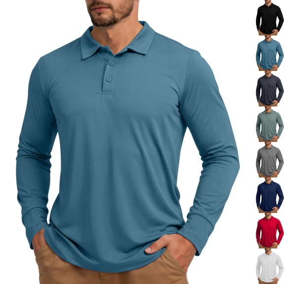 Men's Long Sleeve Business Casual Golf Shirts Solid Color Lightweight 3-Button Collared Shirts Regular Fit for Work Daily Wear