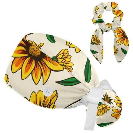 

Working Cap with Buttons and Sweatband Scrub Hat Bouffant Caps with Scrunchie Sunflower Tie Back Hats