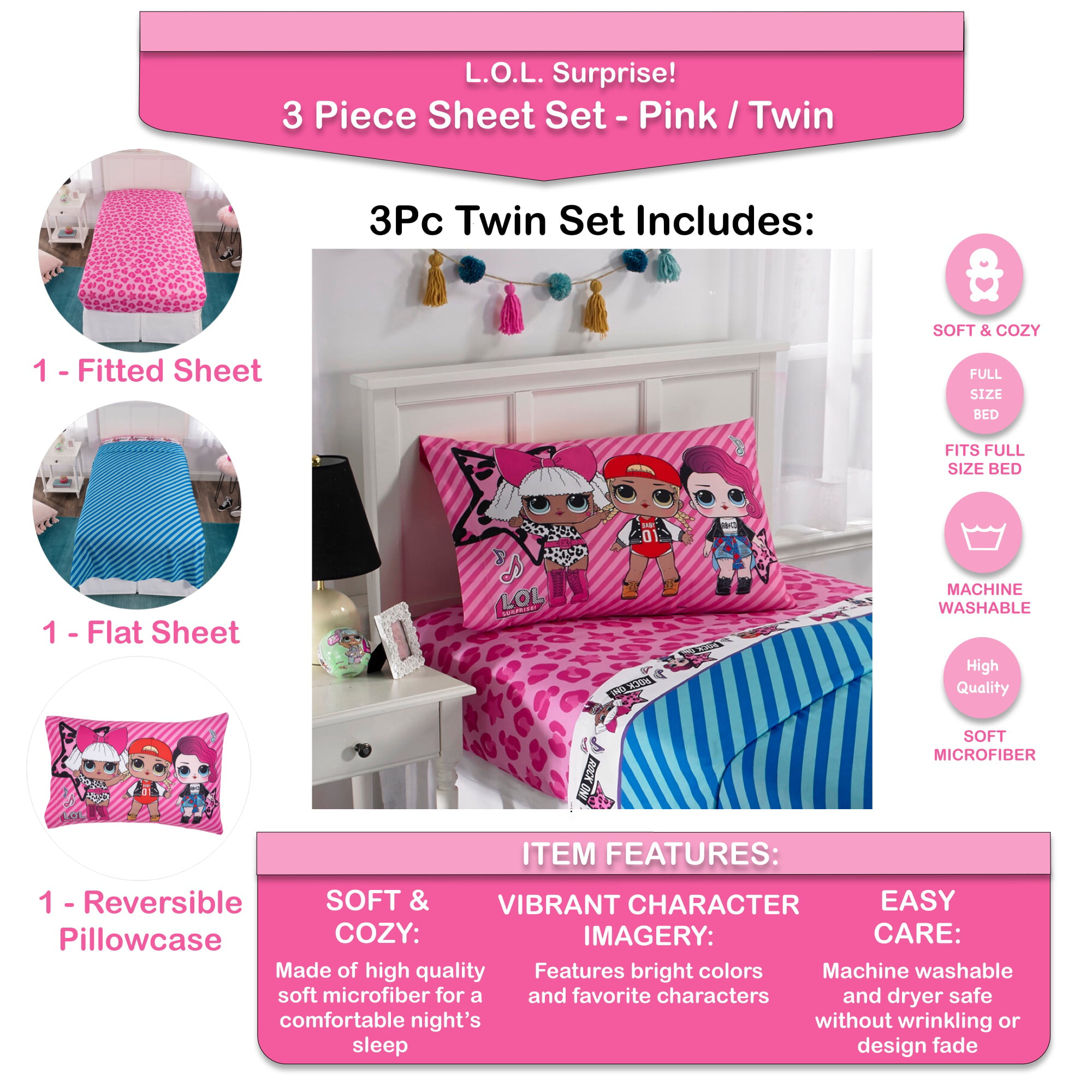 ** LOL Surprise! **BRAND NEW fitted/flat + Pillowcase 3 Piece Twin Sheet Set 