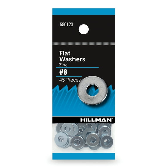 Hillman Flat Washers, #8, Steel, Zinc Finish, USS Washers, Silver, 45 pack