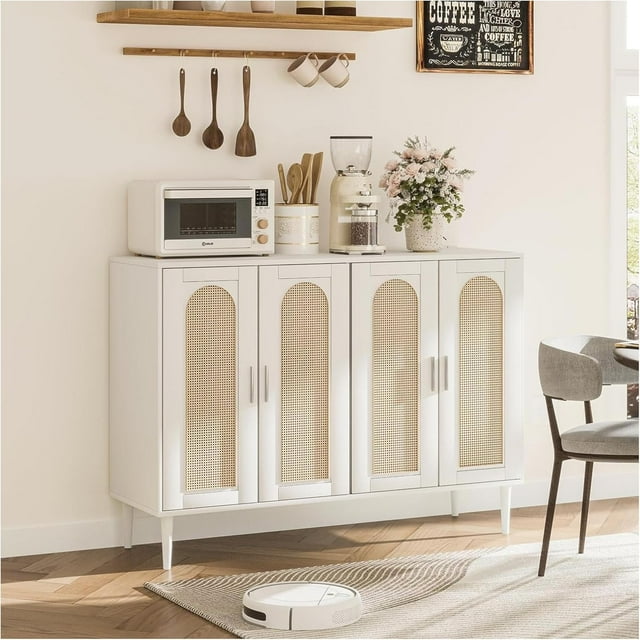 48" Rattan Sideboard with 4 Doors, Adjustable Shelves & Power Outlet for Kitchen, Dining Room