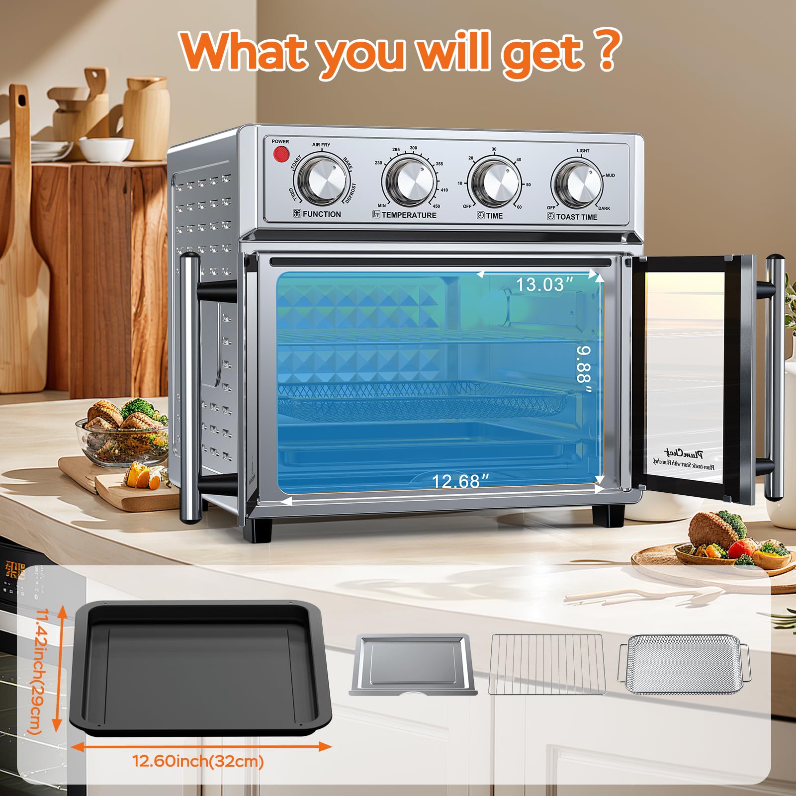 27.5 Quart 6 Slices Large Air Fryer Convection Toaster Oven, French Door, 1700W, Multifunction Oven for Air Fryer, Toast, Grill, Defrost, Bake, Time and Temperature Controls, Silver