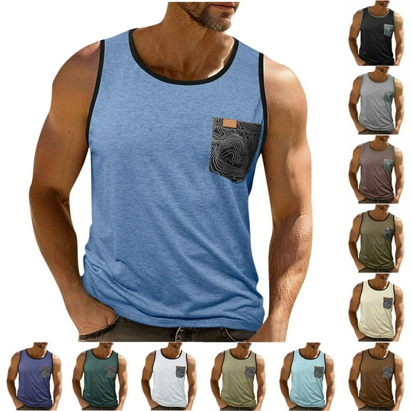 Horkkom Gym Tank Tops for Men Summer Workout Crew Neck Sleeveless Shirts with Pocket Color Block Tank Tops, Gifts for Men L