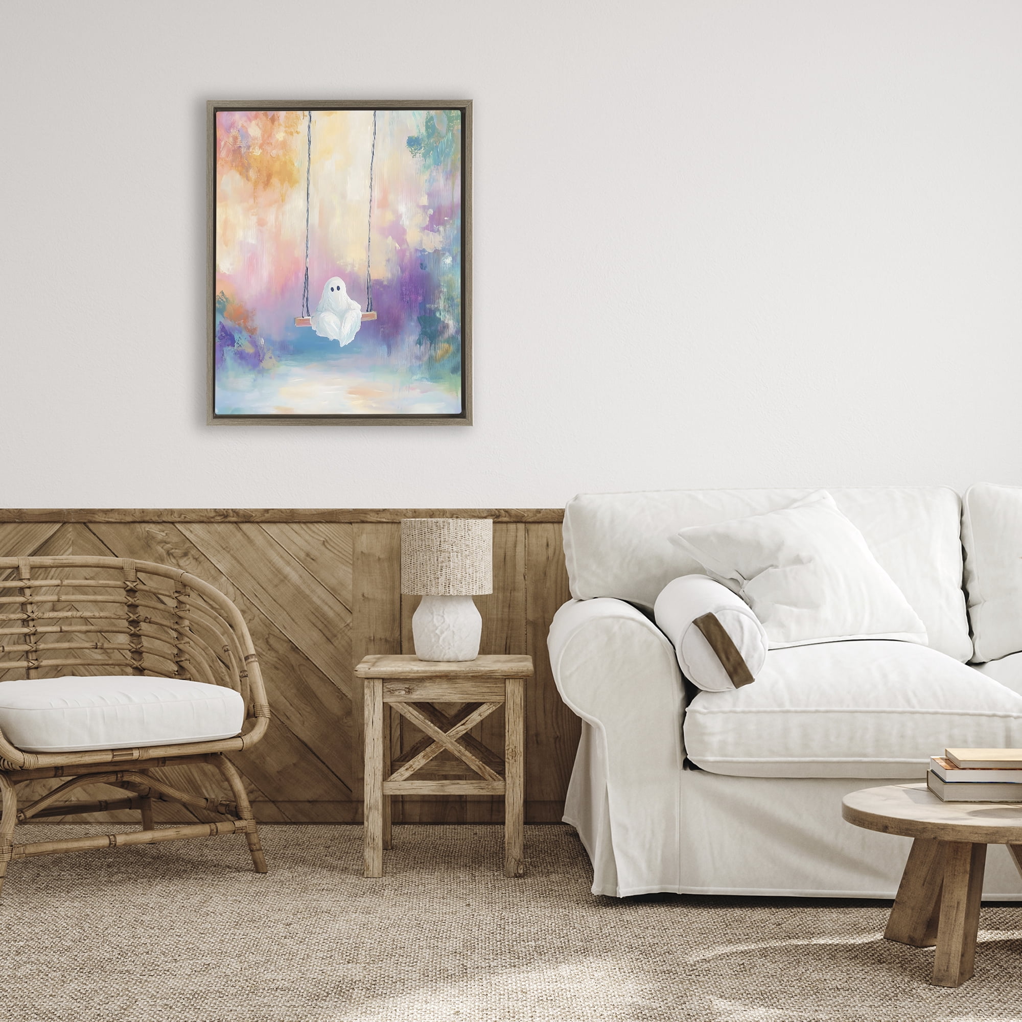Stupell Industries Watercolor Ghost on Swing Brown Framed Floater Canvas Wall Art, design by The Prints Vibe