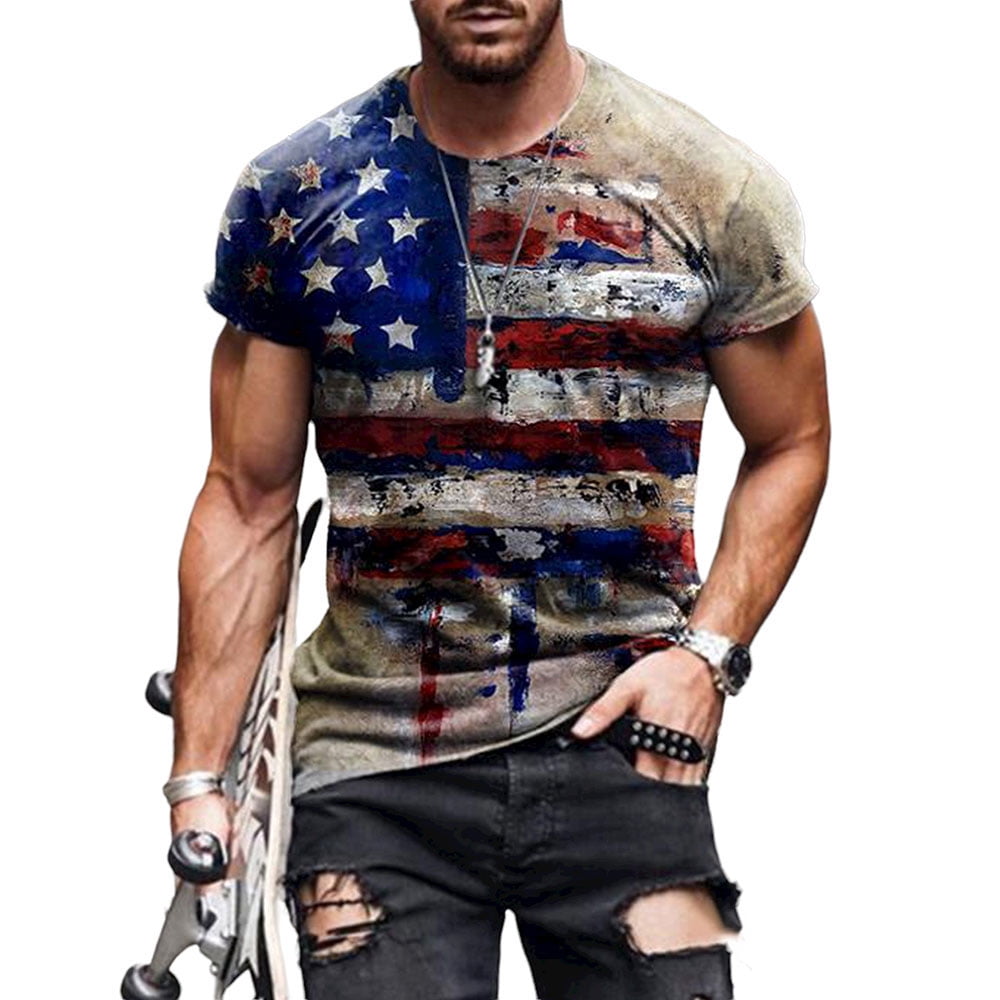 DYMADE Mens American Flag Short Sleeve Round Neck 4th July Patriotic T ...