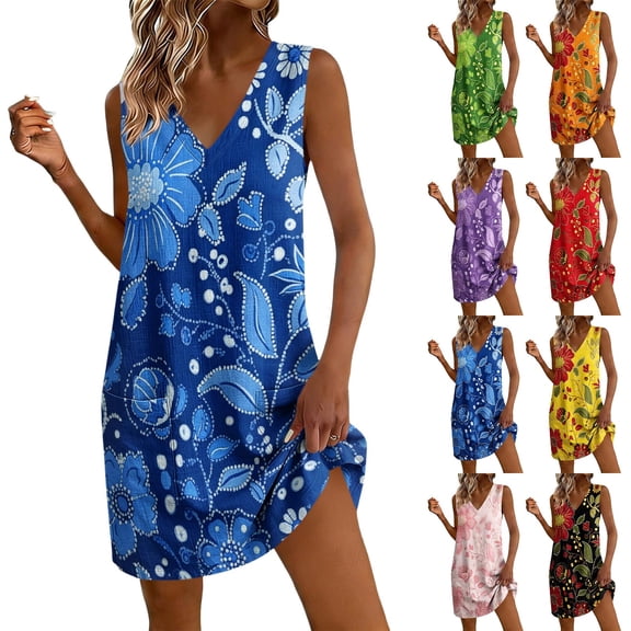 Summer Short Dresses for Women 2026 Plus Size Sleeveless V-Neck Floral Printed Pockets Summer Women's Flowy Beach Vacation Outdoor Casual Loose Dresses